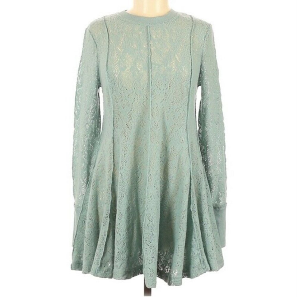 Free People Green Knit Sweater Dress Size Small S New NWT Long Sleeve BOHO RARE